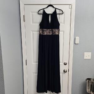 R&M Richards Elegant Navy Halter Gown with Gold Accents
